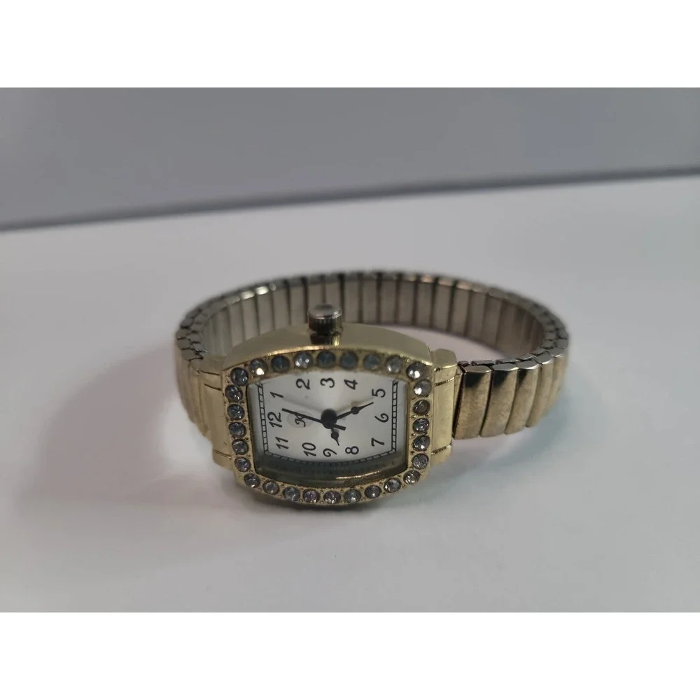 Vintage Gold Tone Rhinestone Bezel Women's Watch White Dial Stretch Band
